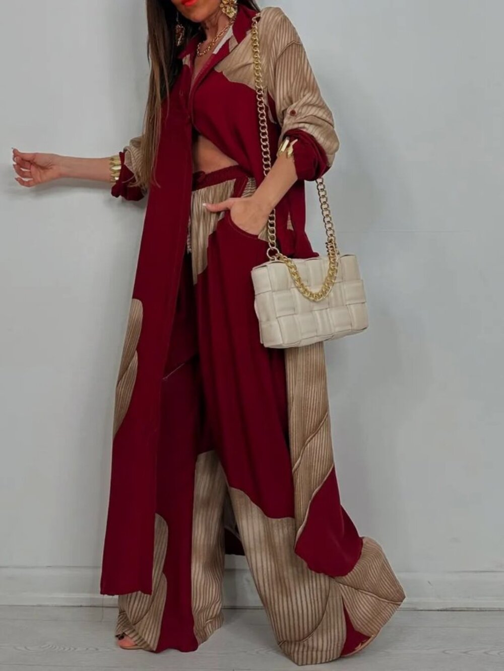 Luxury Burgundy Satin Lounge Oversized Button-Down Shirt & Wide-Leg Pants